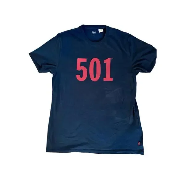 LEVIS 501 T-Shirt Blue With Red Letters Size Medium LEVIS Graphic Shirt - Picture 1 of 8